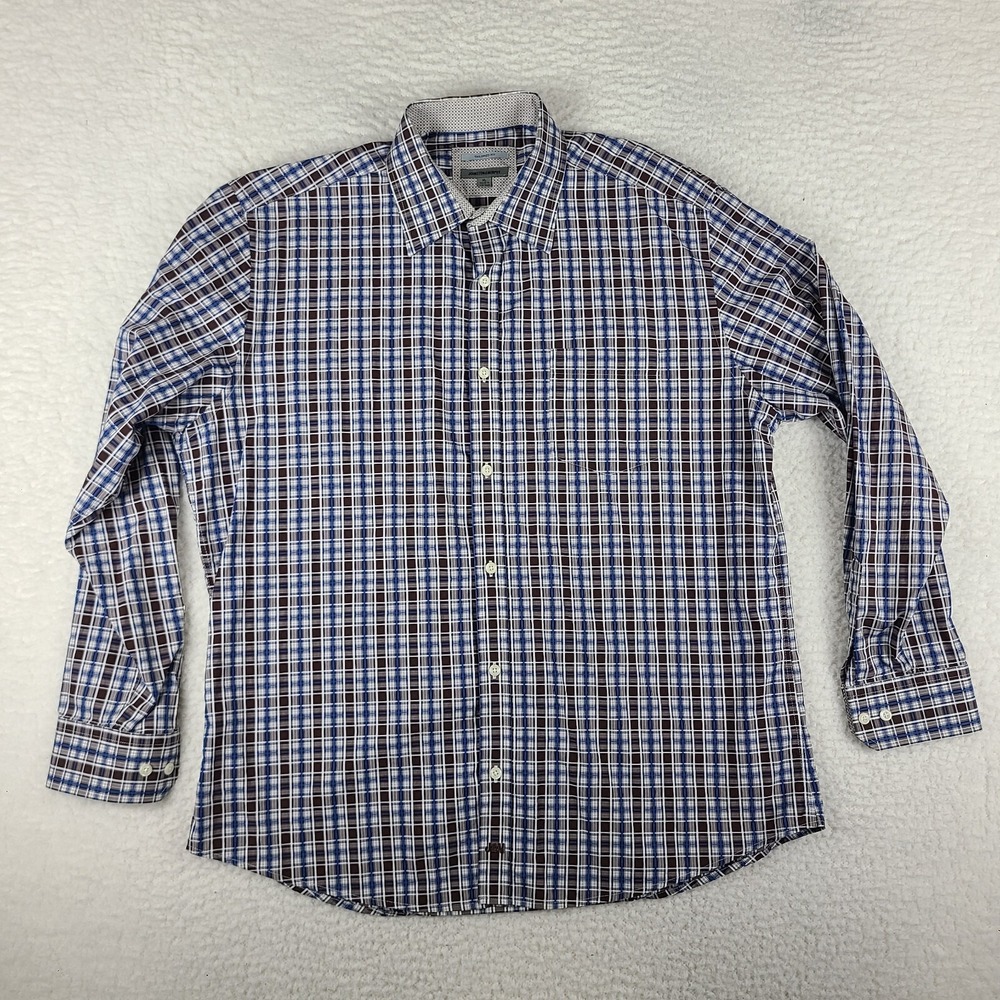Johnston Murphy Dress Shirt Mens XL Brown Blue Plaid‎ Tailored Fit Button Up